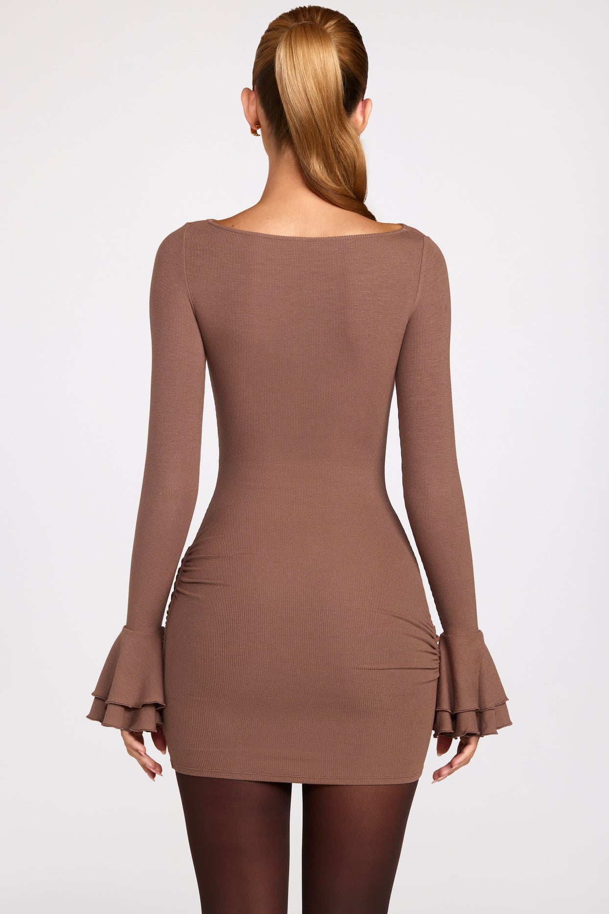 Ribbed Modal Long-Sleeve Draped Mini Dress in Mocha - 3