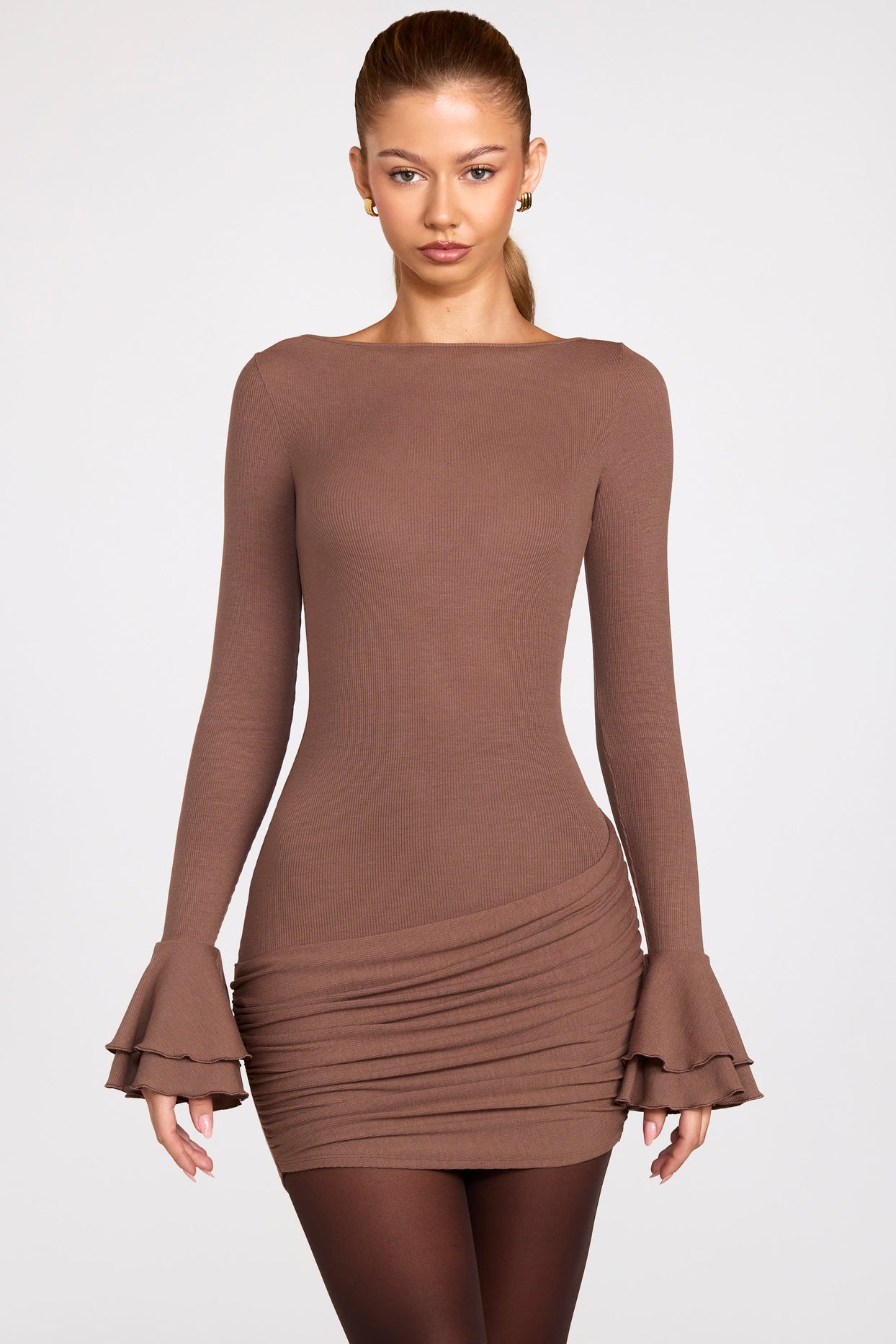 Ribbed Modal Long-Sleeve Draped Mini Dress in Mocha - 8