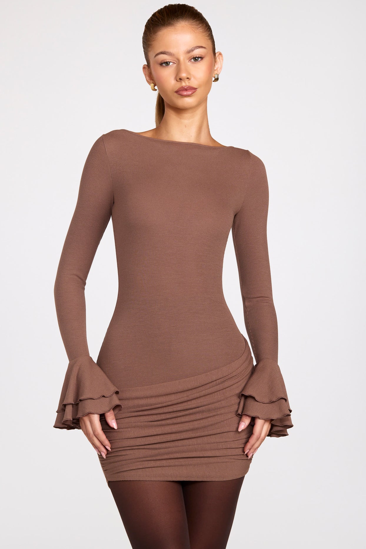 Ribbed Modal Long-Sleeve Draped Mini Dress in Mocha - 1
