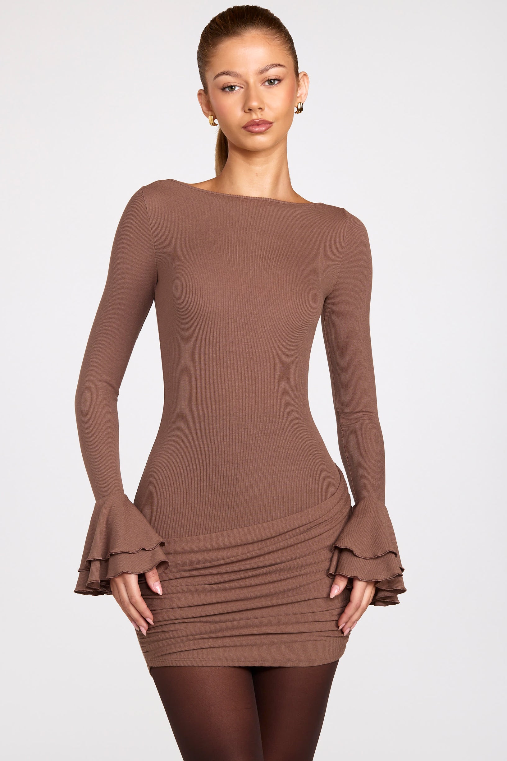 Ribbed Modal Long-Sleeve Draped Mini Dress in Mocha - 1