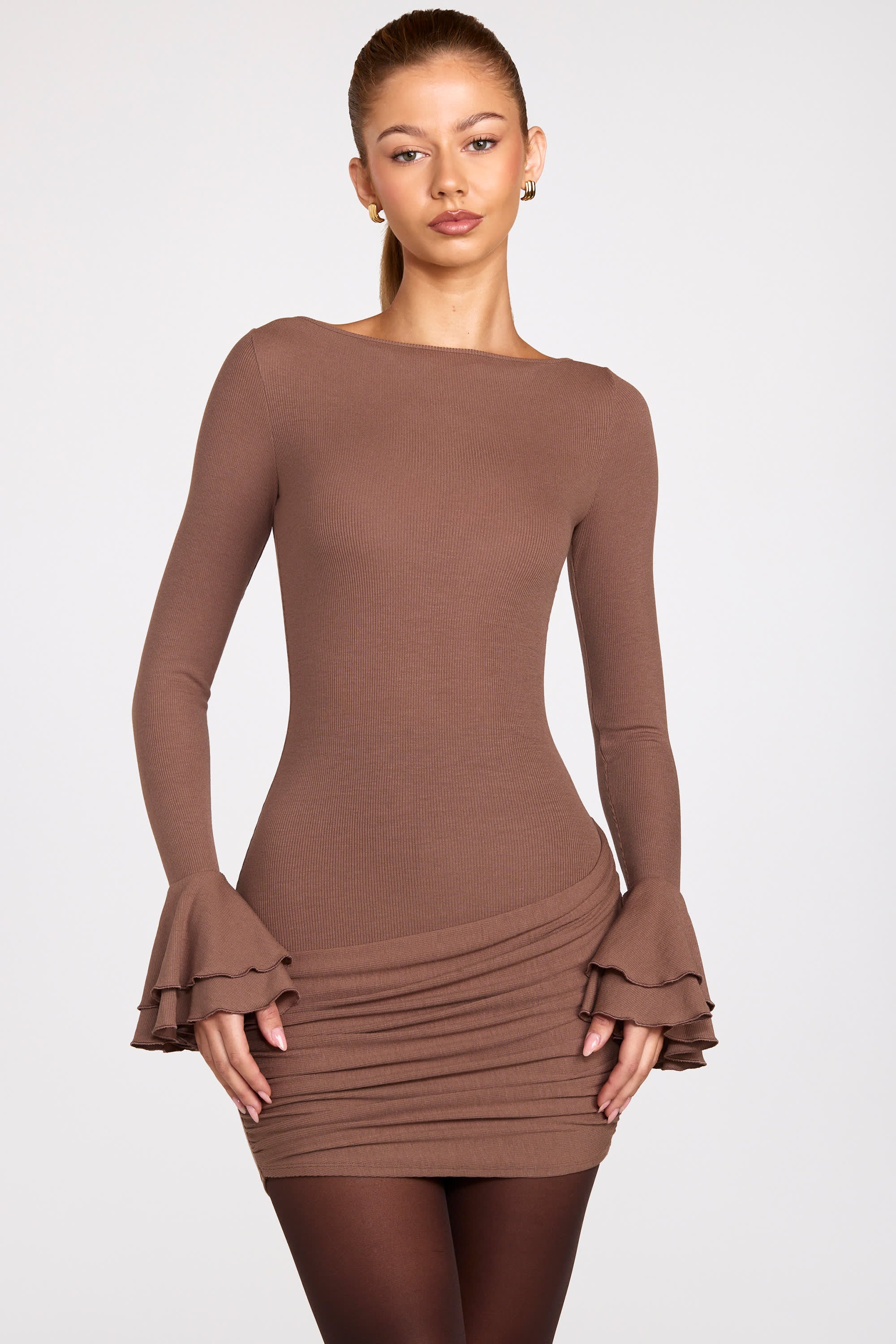 Ribbed Modal Long-Sleeve Draped Mini Dress in Mocha - 1