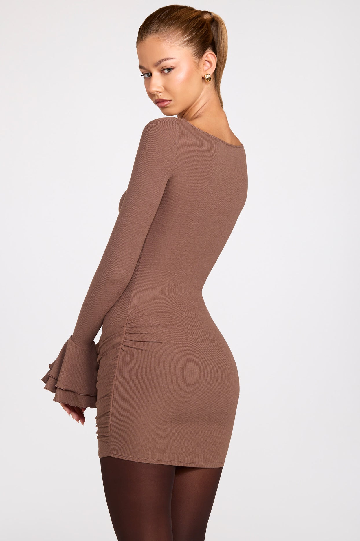 Ribbed Modal Long-Sleeve Draped Mini Dress in Mocha - 9