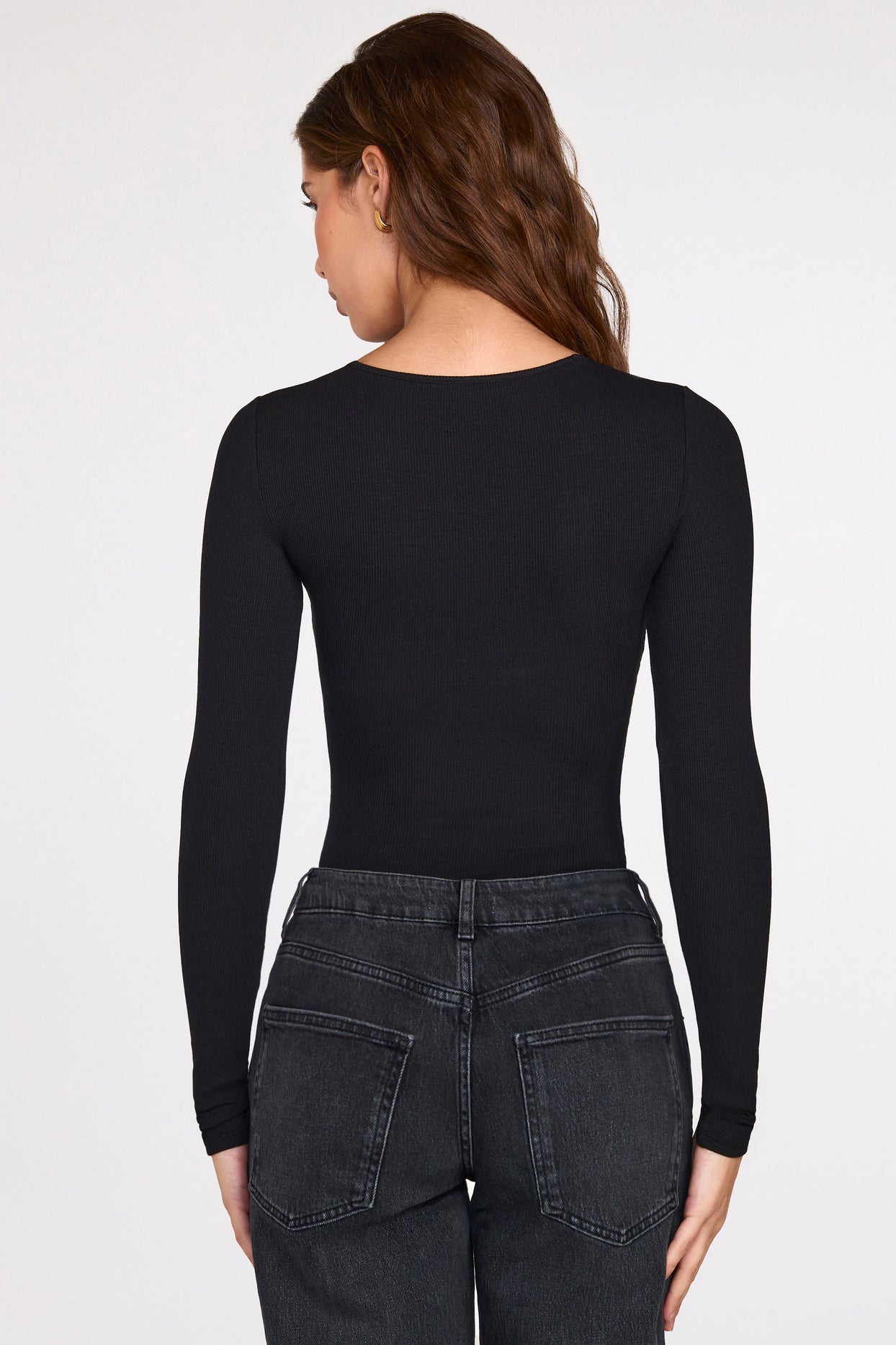 Ribbed Modal Long-Sleeve Plunge Bodysuit in Black - 3