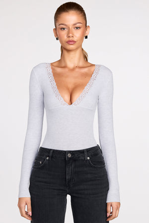 Modal Long-Sleeve Plunge Bodysuit in Grey