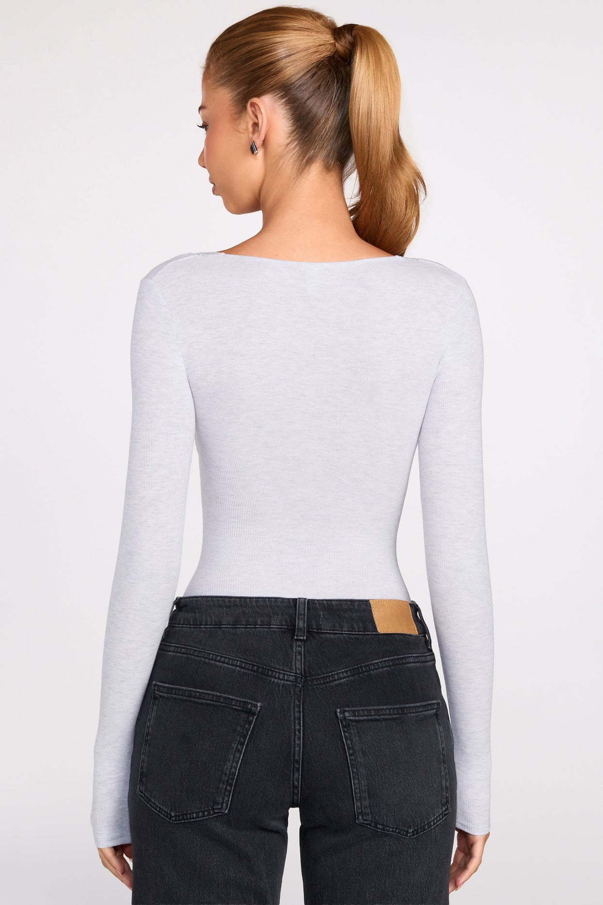 Ribbed Modal Long-Sleeve Plunge Bodysuit in Grey - 3