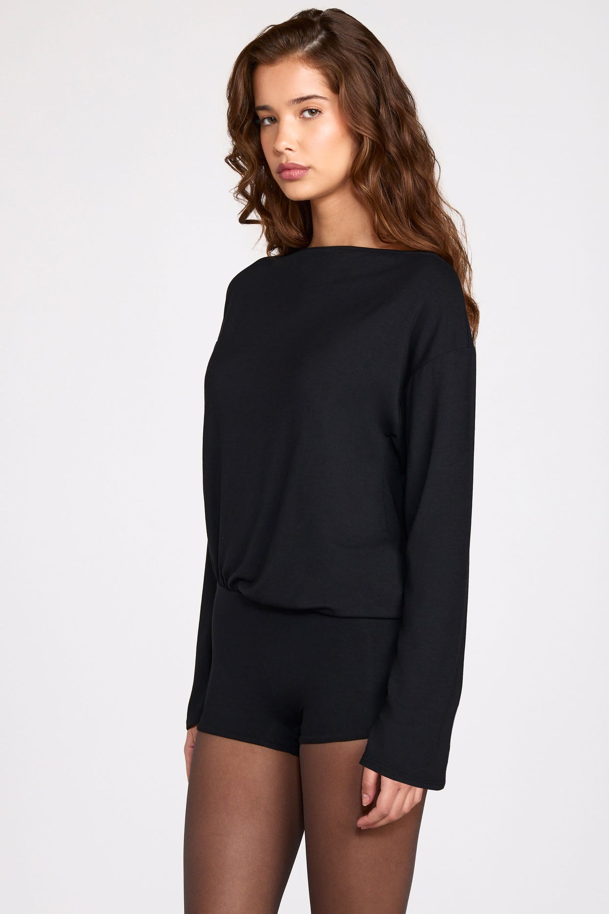 Modal Long-Sleeve Backless Romper in Black - 11