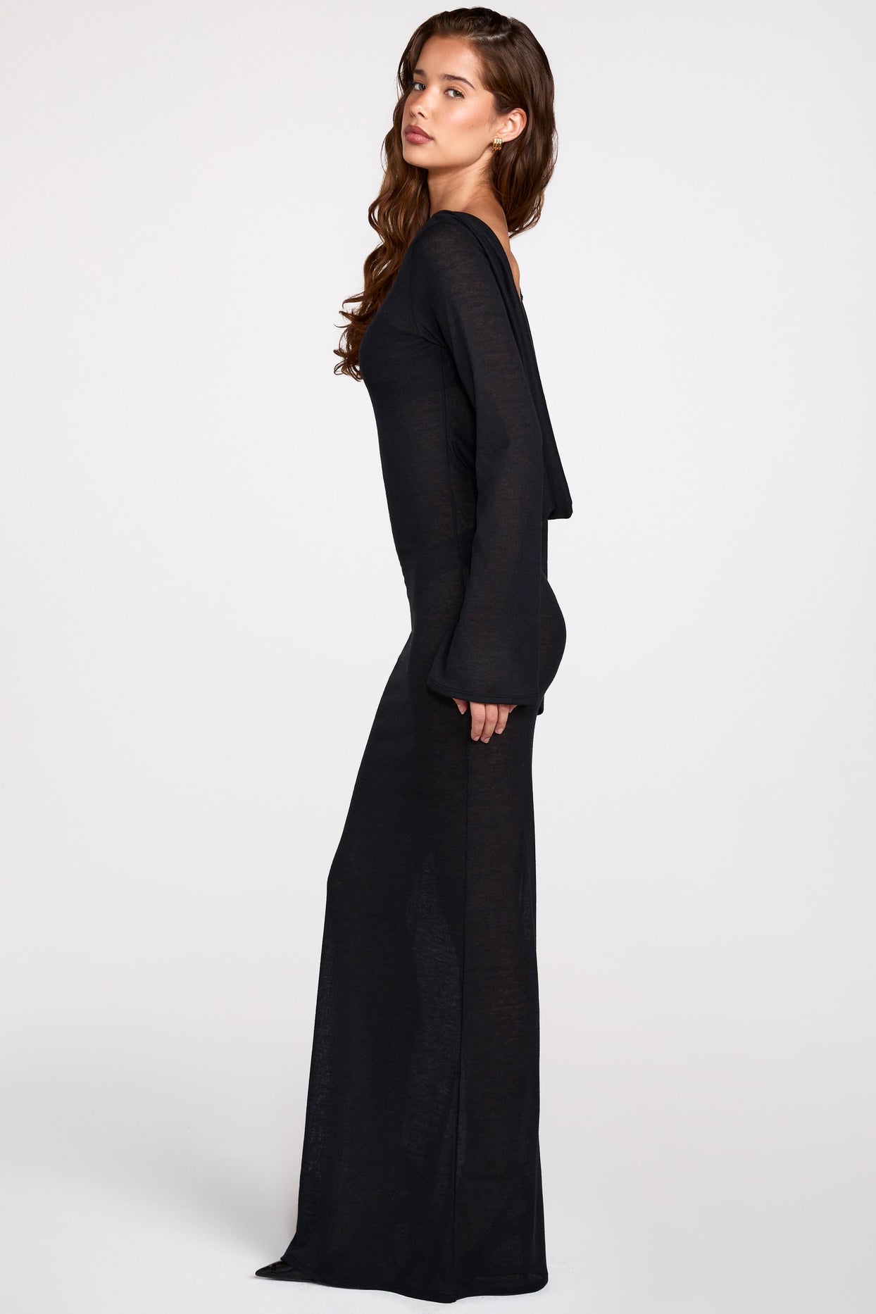 Sheer Jersey Long-Sleeve Backless Maxi Dress in Black - 3