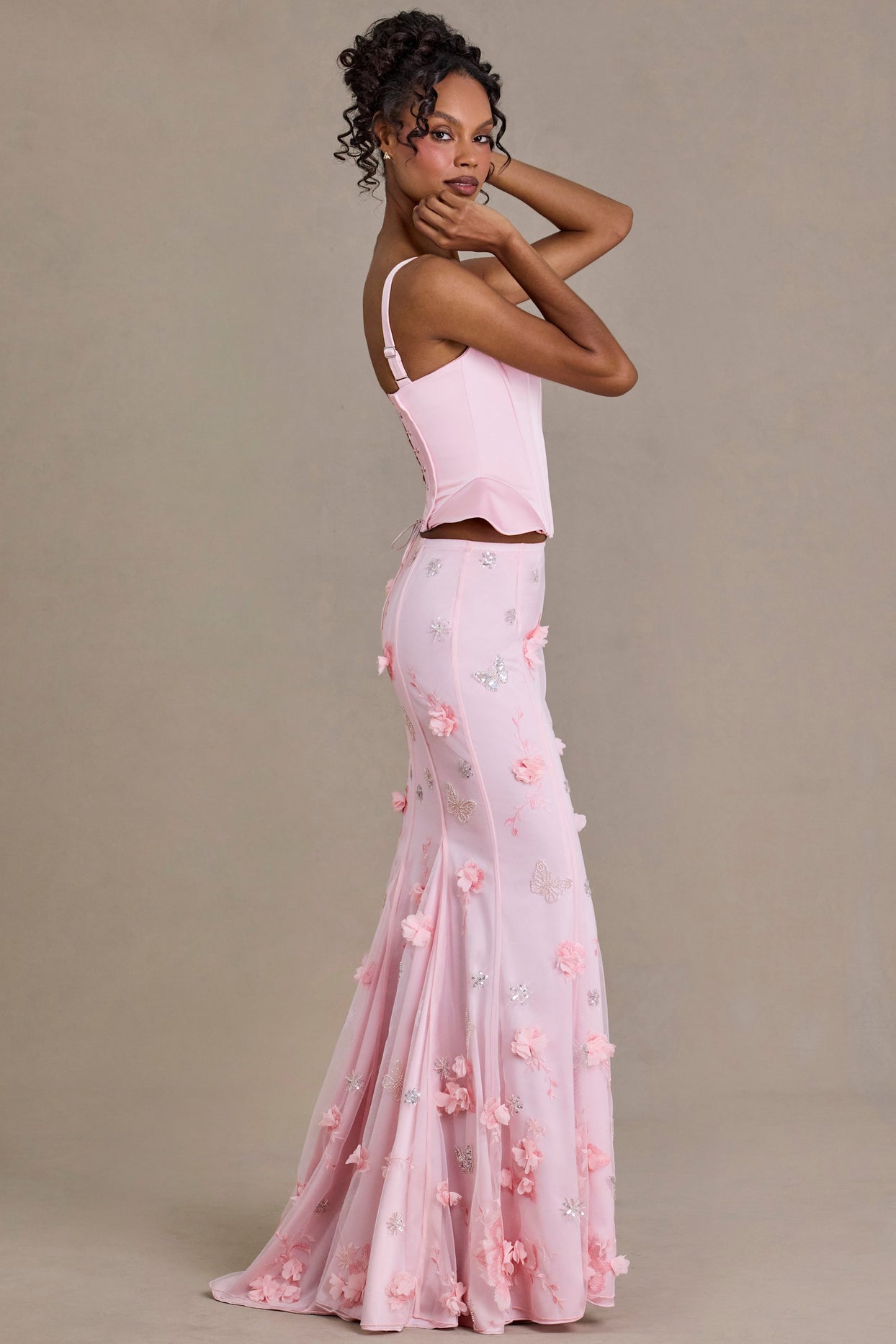 Satin Lace-Up Corset Top in Baby Pink - 3