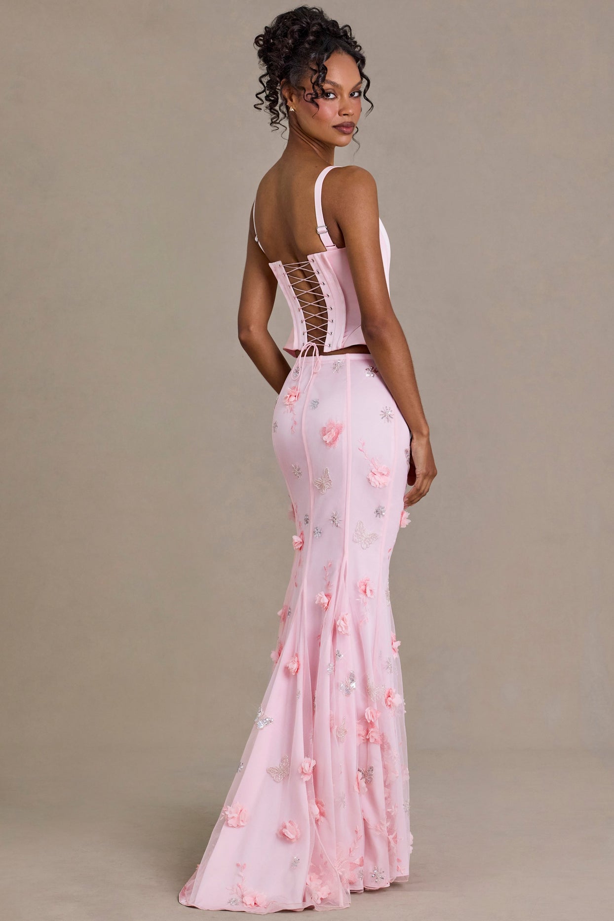 Satin Lace-Up Corset Top in Baby Pink - 5