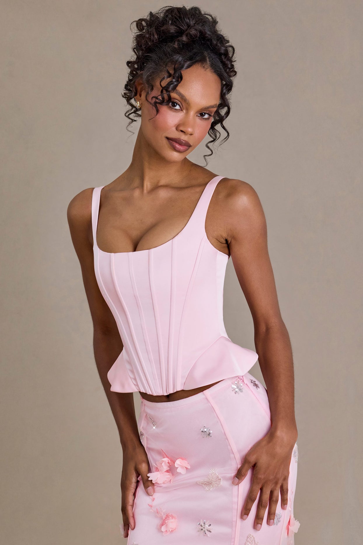 Satin Lace-Up Corset Top in Baby Pink - 7
