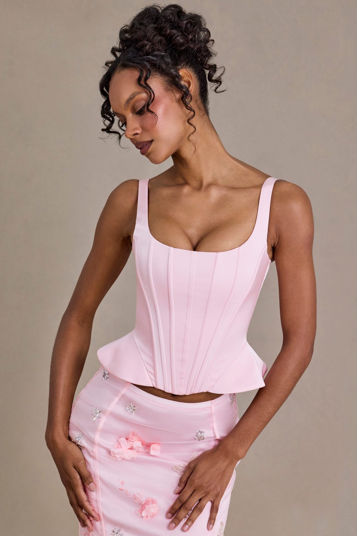 Satin Lace-Up Corset Top in Baby Pink - 8