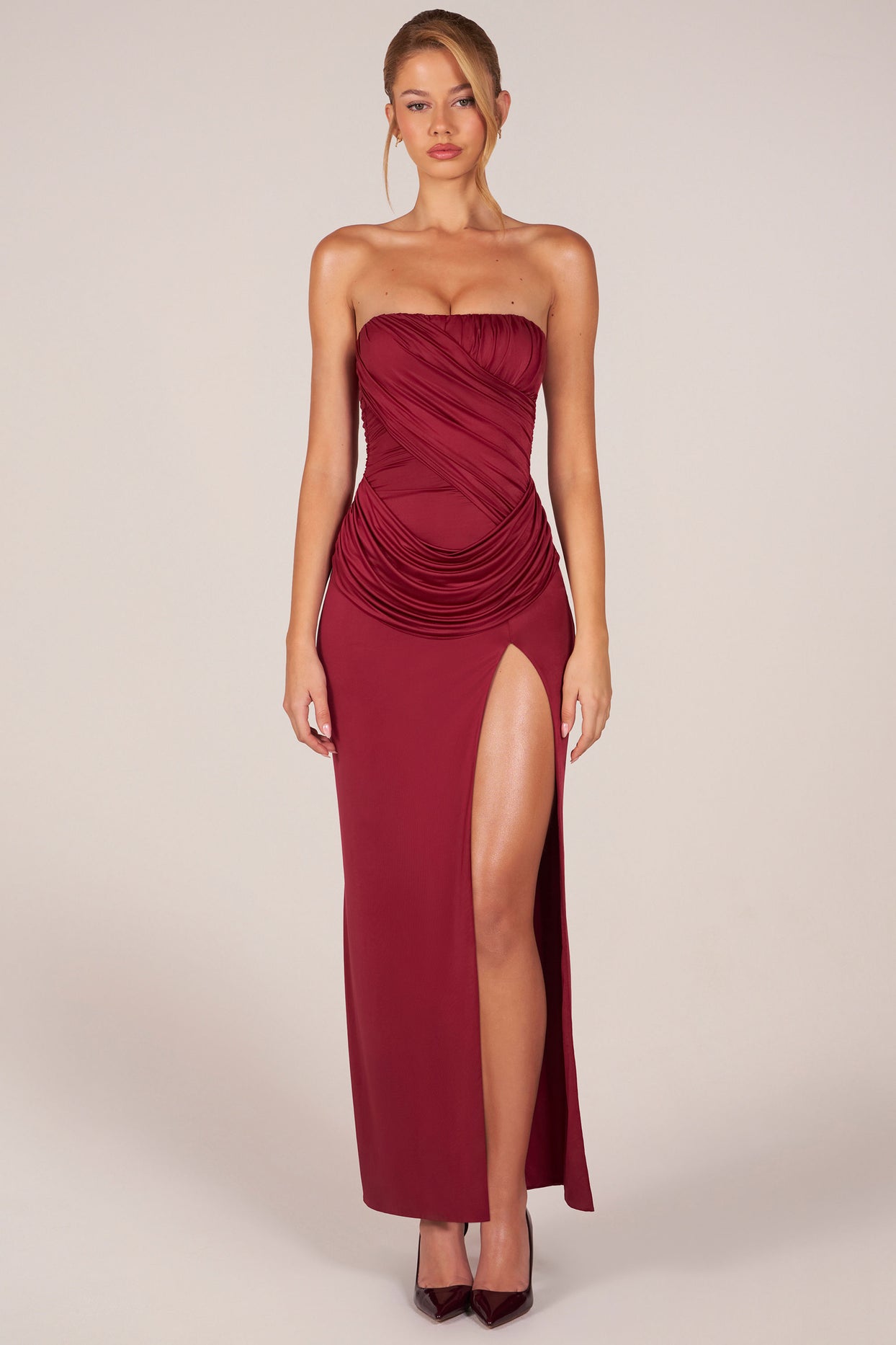Bandeau Draped Thigh-High Maxi Dress in Wine - 6