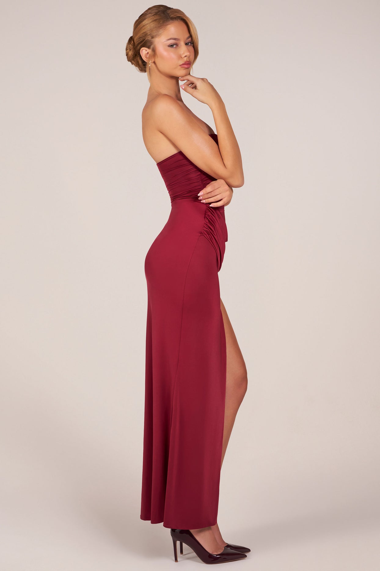 Bandeau Draped Thigh-High Maxi Dress in Wine - 5