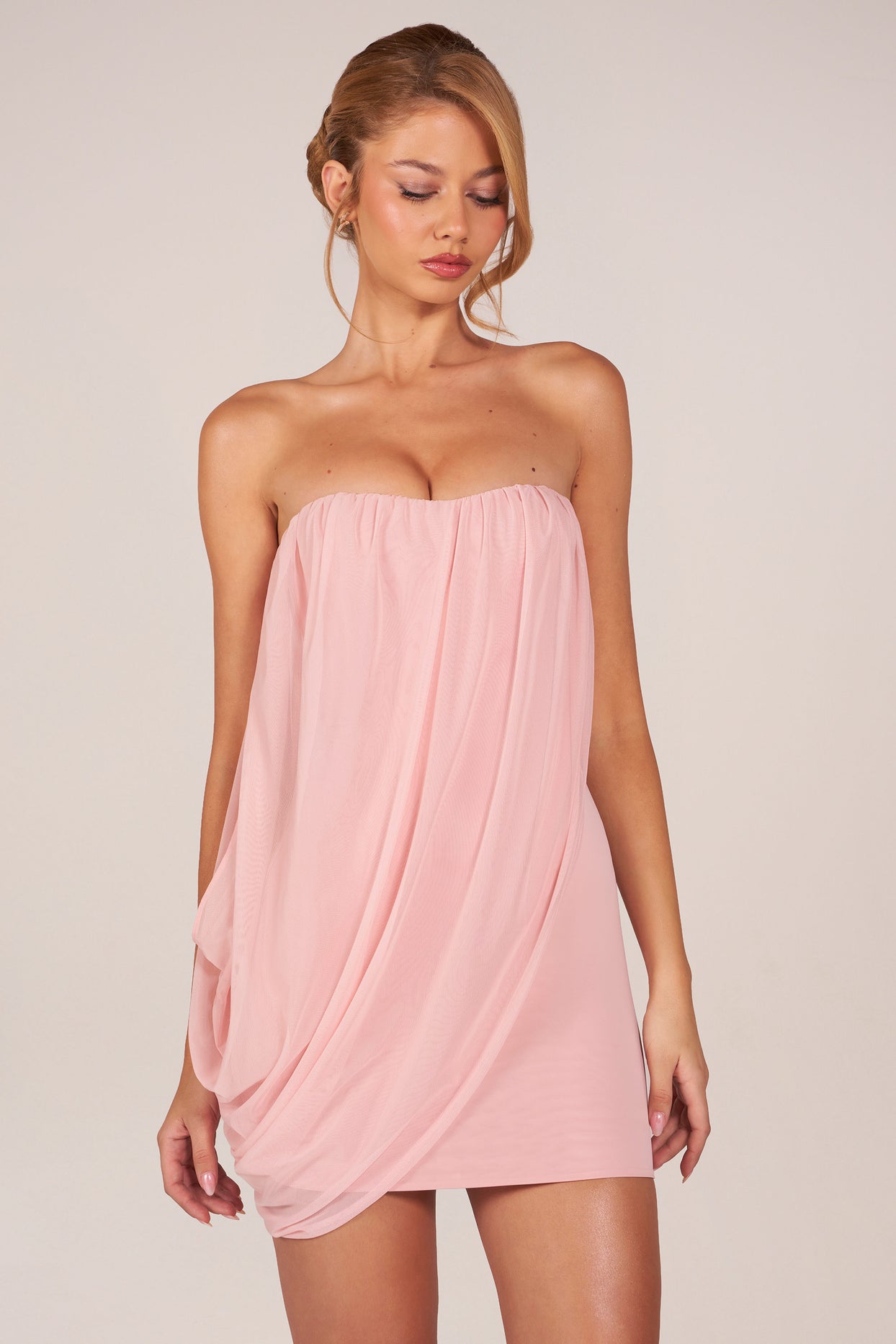 Bandeau Draped Mini Dress in Blush Pink - 8