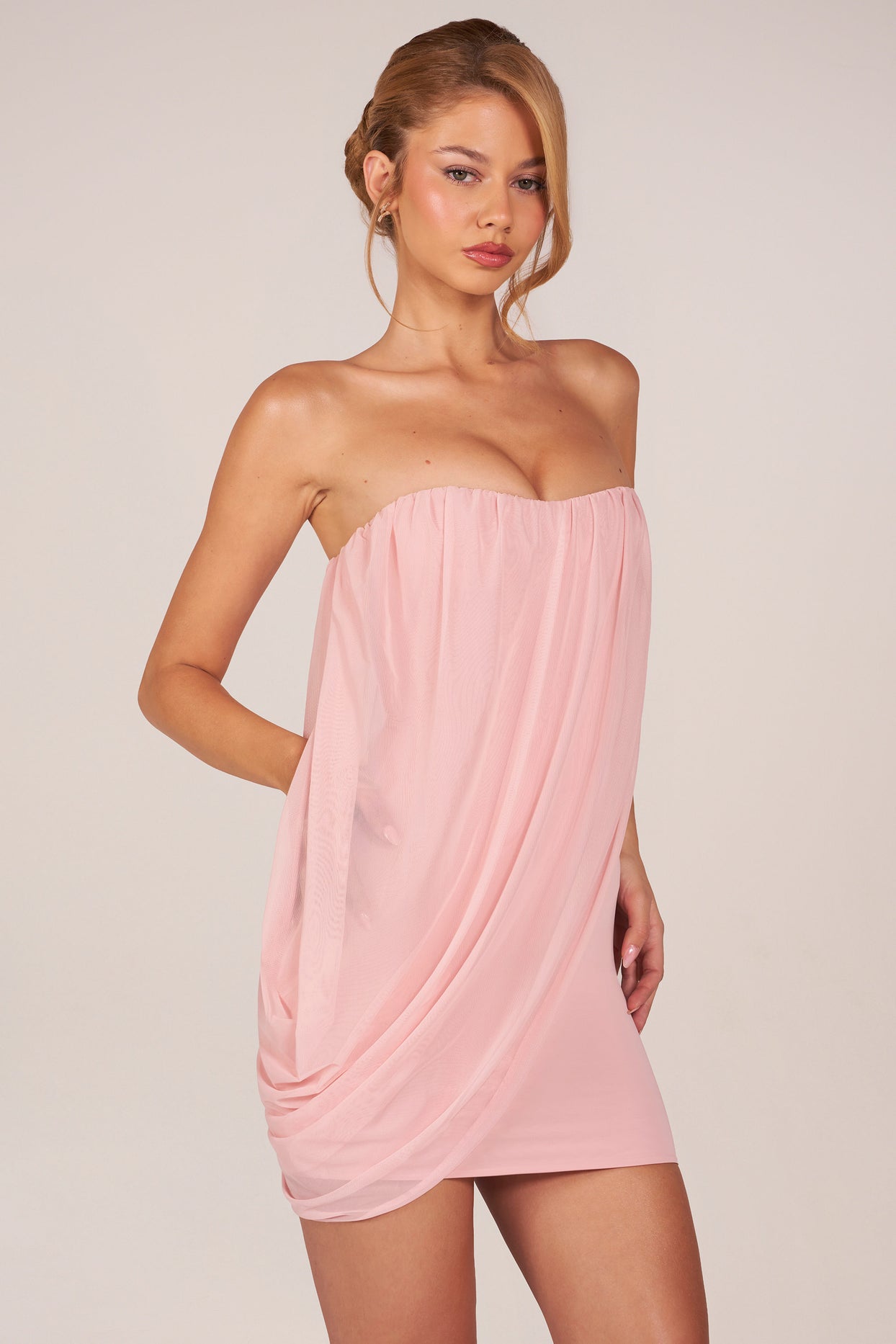 Bandeau Draped Mini Dress in Blush Pink - 6