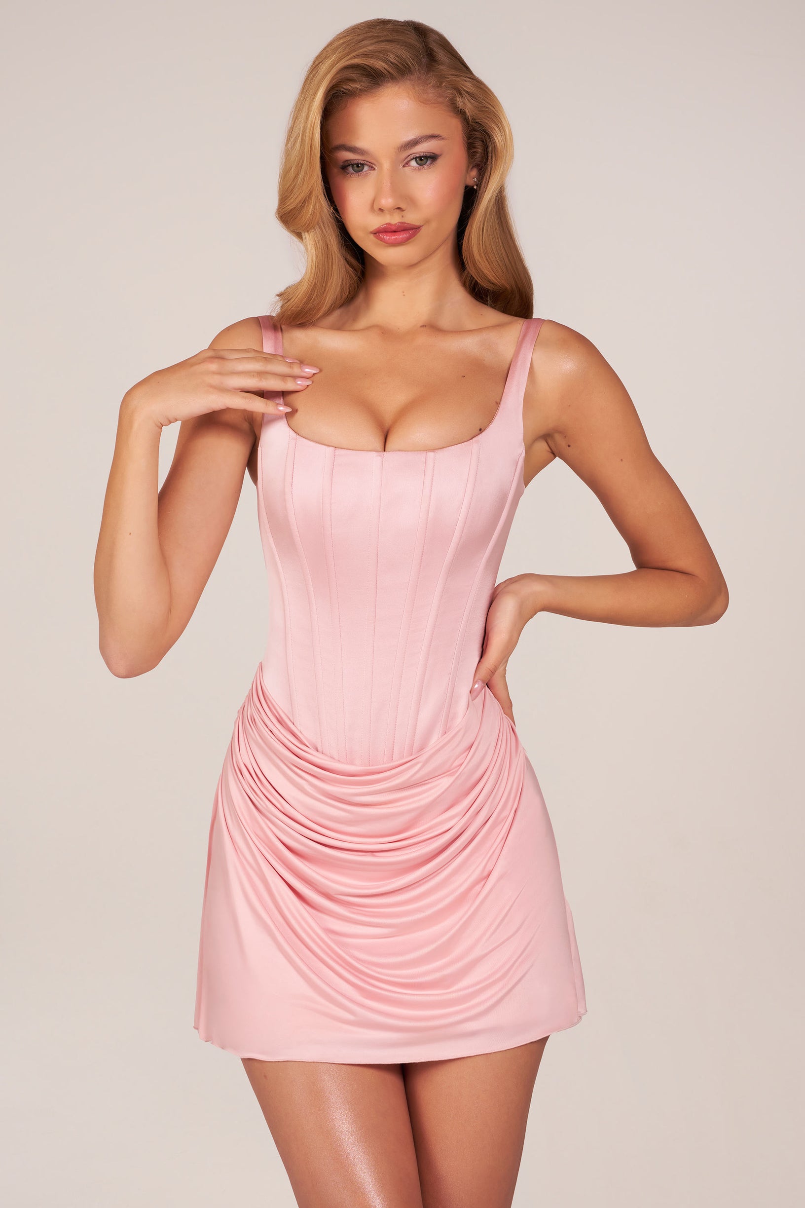 Lace-Up Draped Mini Dress in Blush Pink - 1