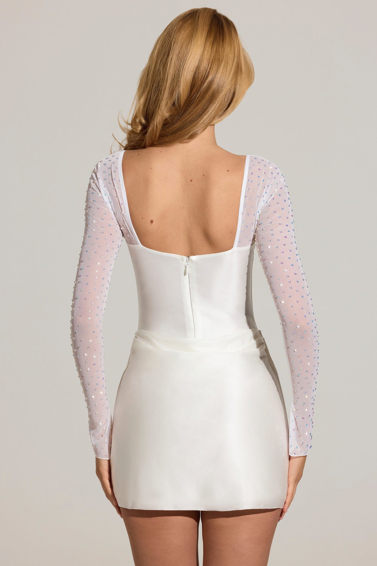 Embellished Long-Sleeve Draped Mini Dress in White - 6