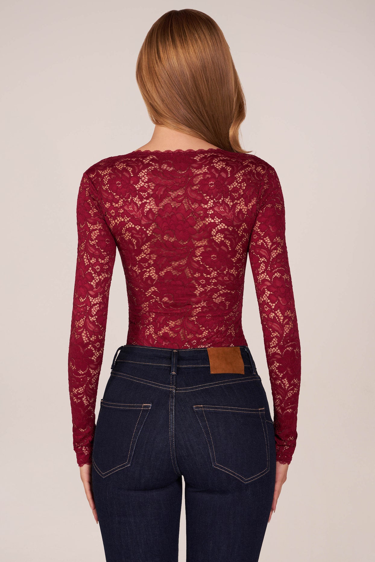 Long-Sleeve Laced Bodysuit in Wine - 3