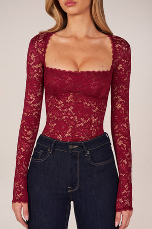 Long-Sleeve Laced Bodysuit in Cherry Red