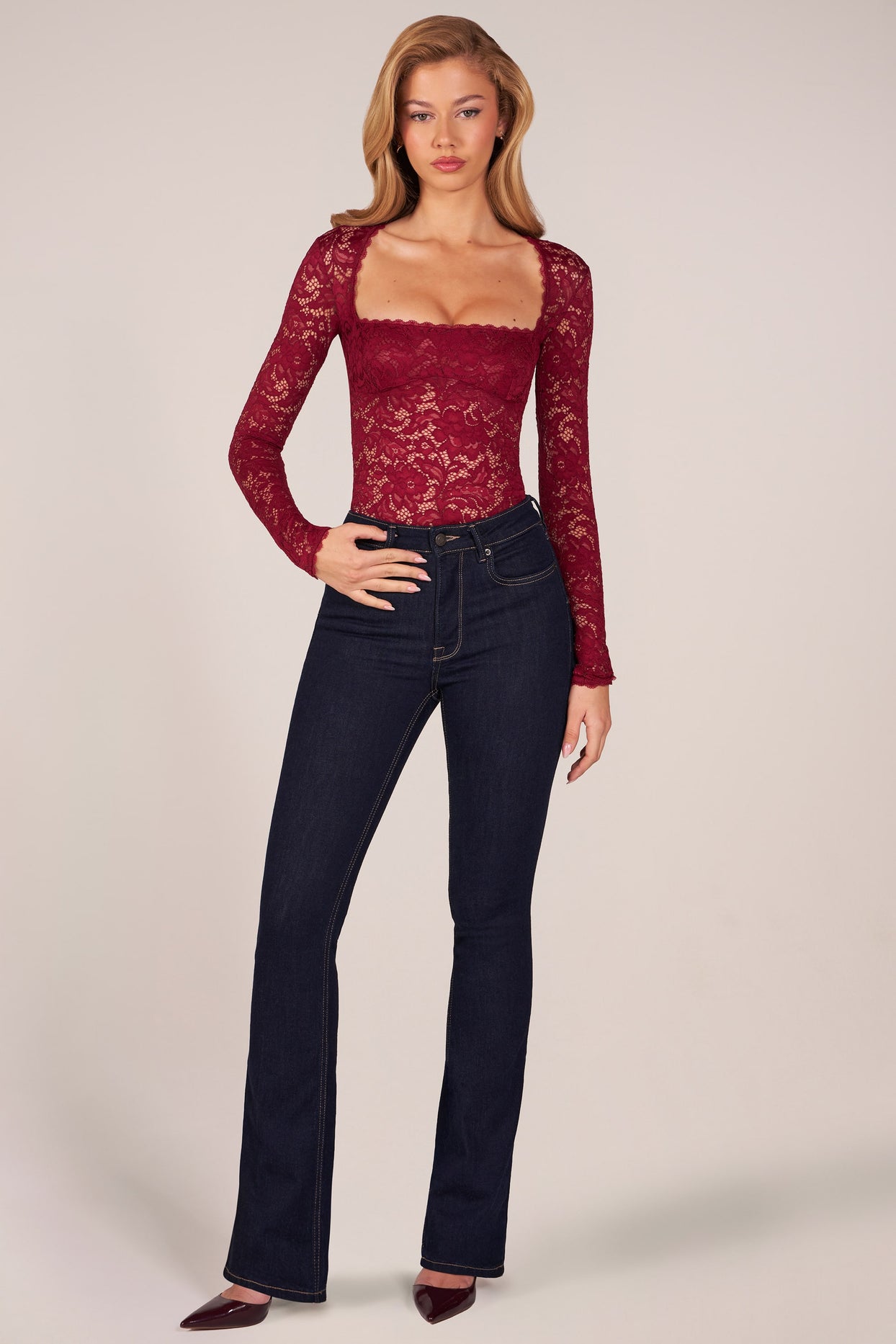 Long-Sleeve Laced Bodysuit in Wine - 5