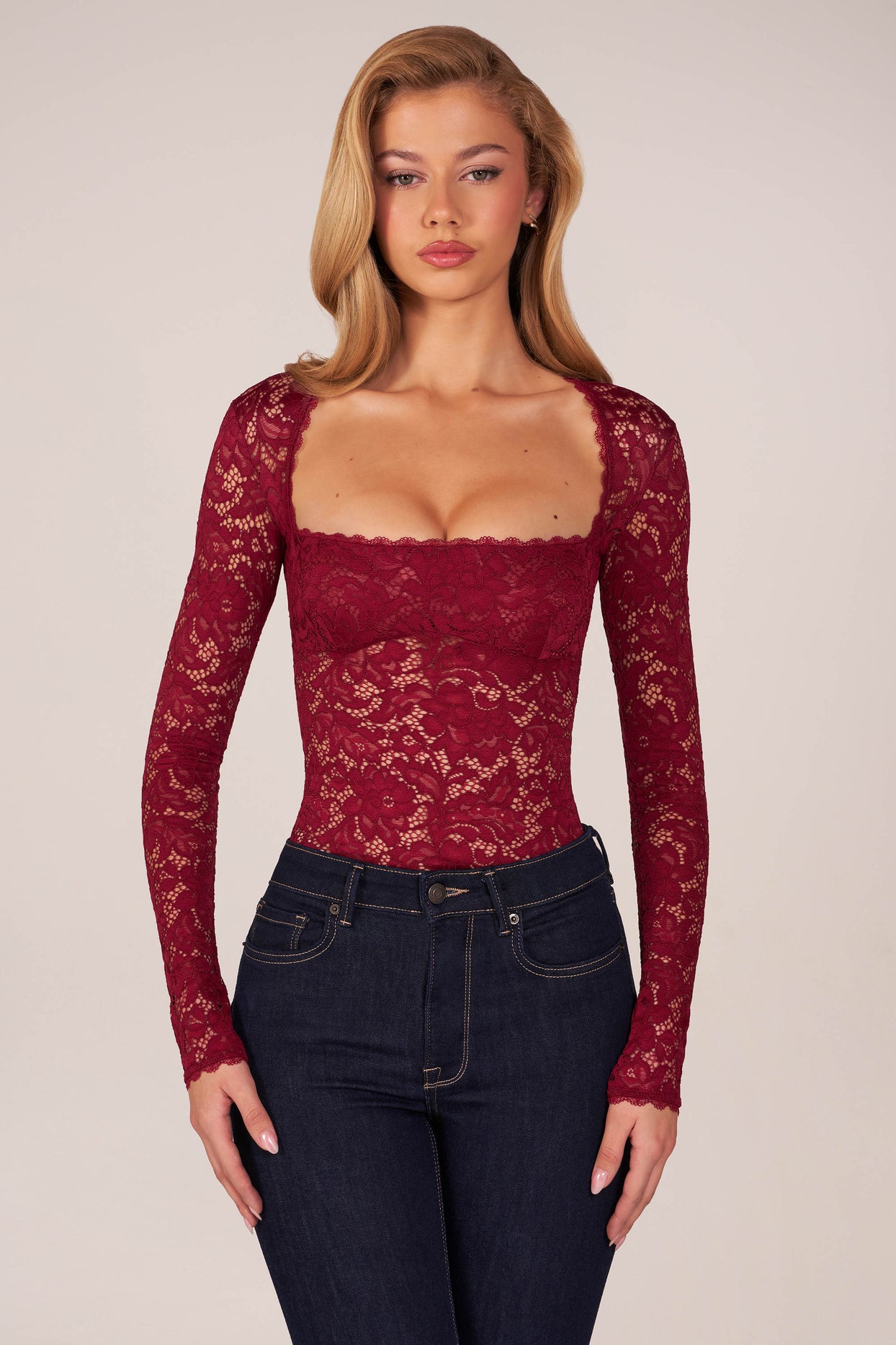Long-Sleeve Laced Bodysuit in Wine - 7
