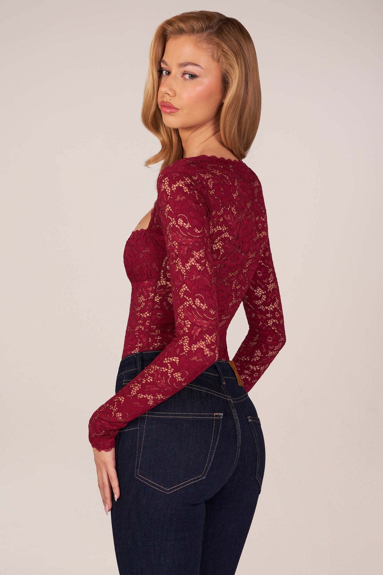 Long-Sleeve Laced Bodysuit in Wine - 8