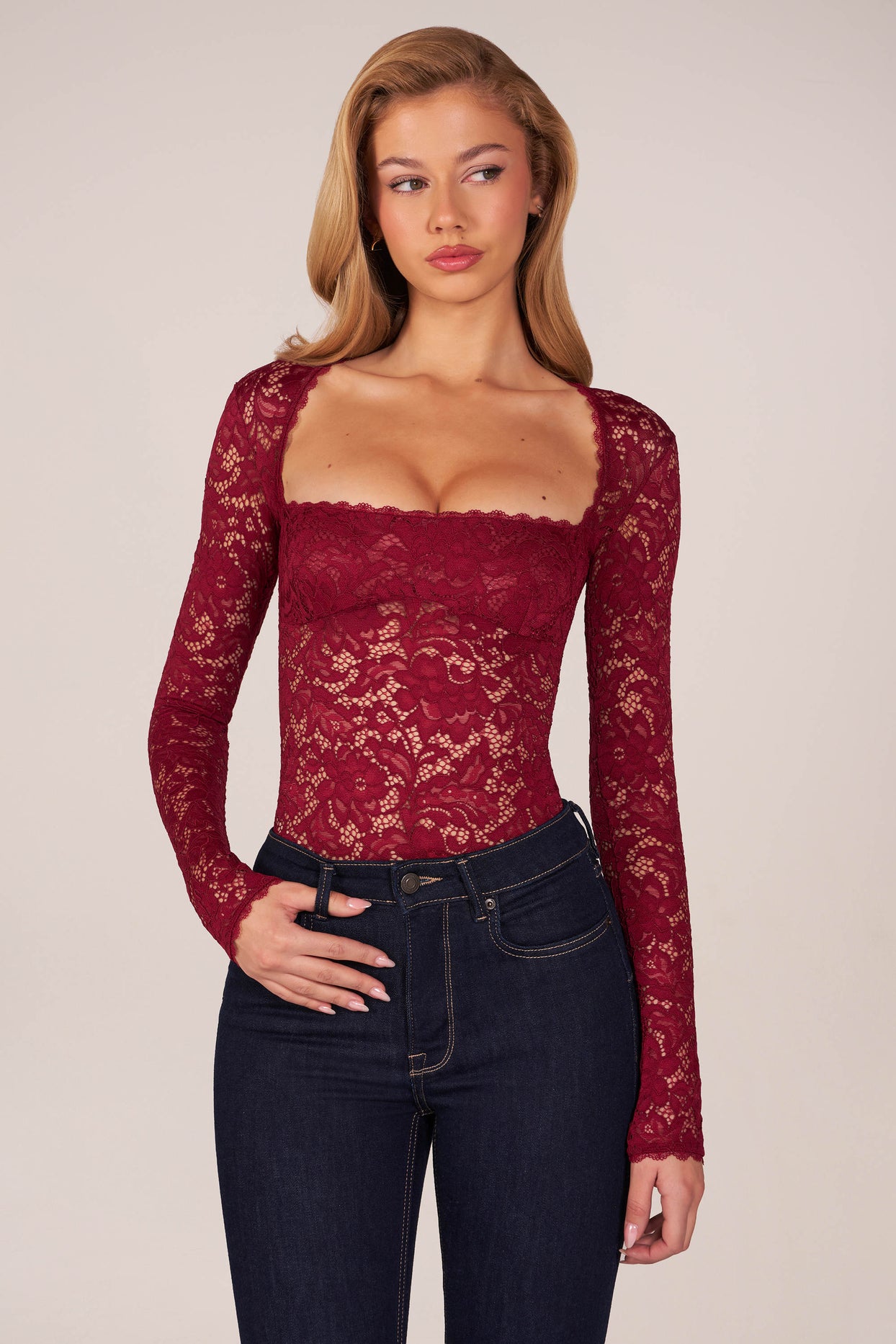 Long-Sleeve Laced Bodysuit in Wine - 1