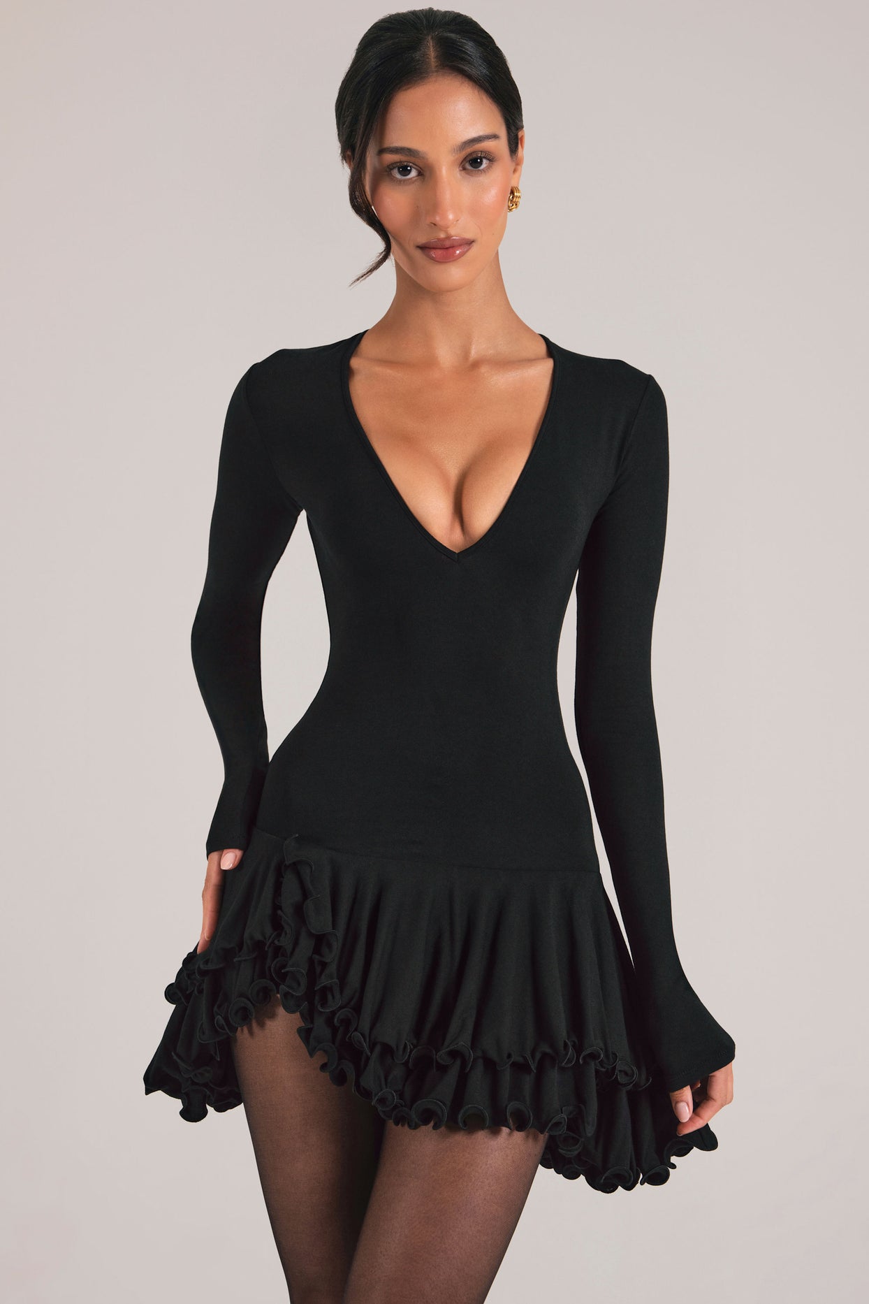 V-Neck Ruffle Skirt Mini Dress in Black - 8