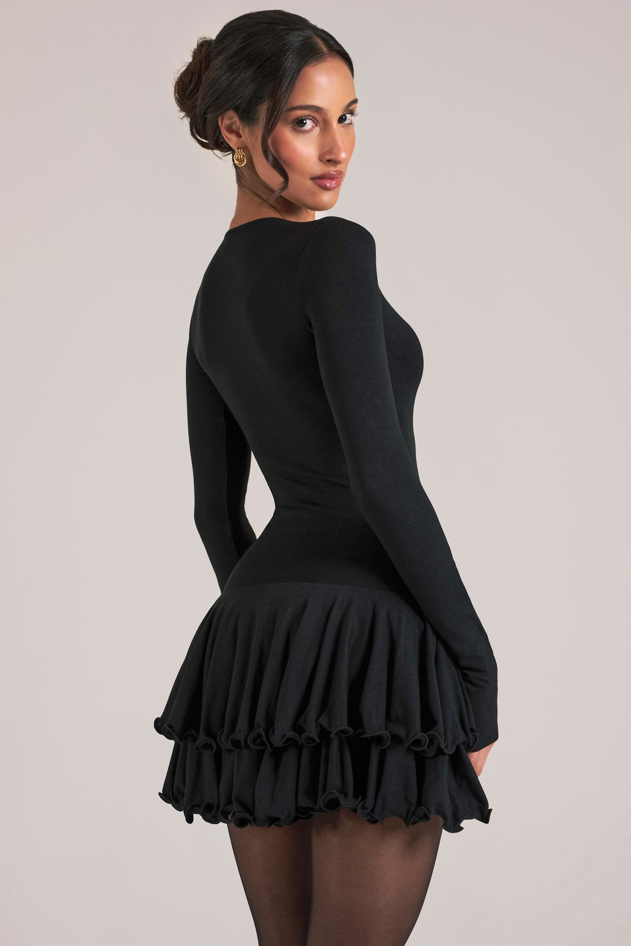 V-Neck Ruffle Skirt Mini Dress in Black - 6
