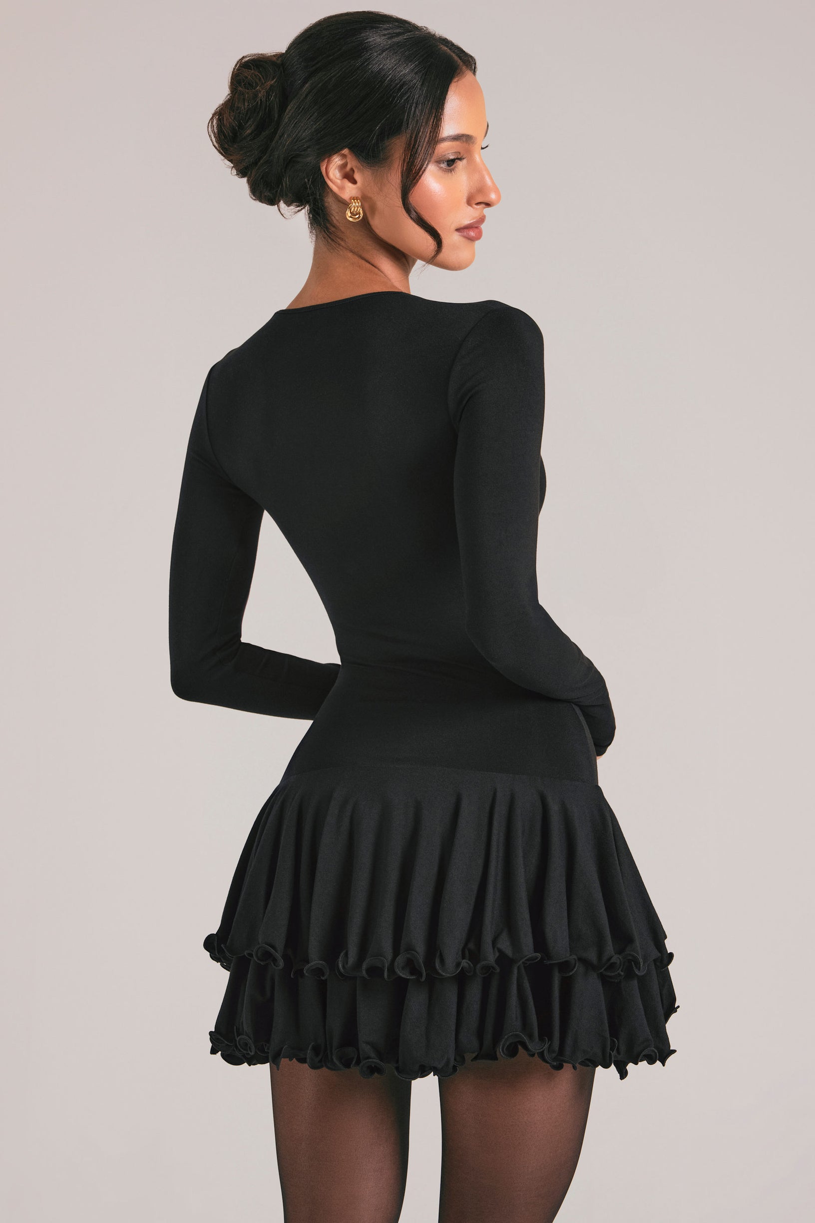 V-Neck Ruffle Skirt Mini Dress in Black - 2