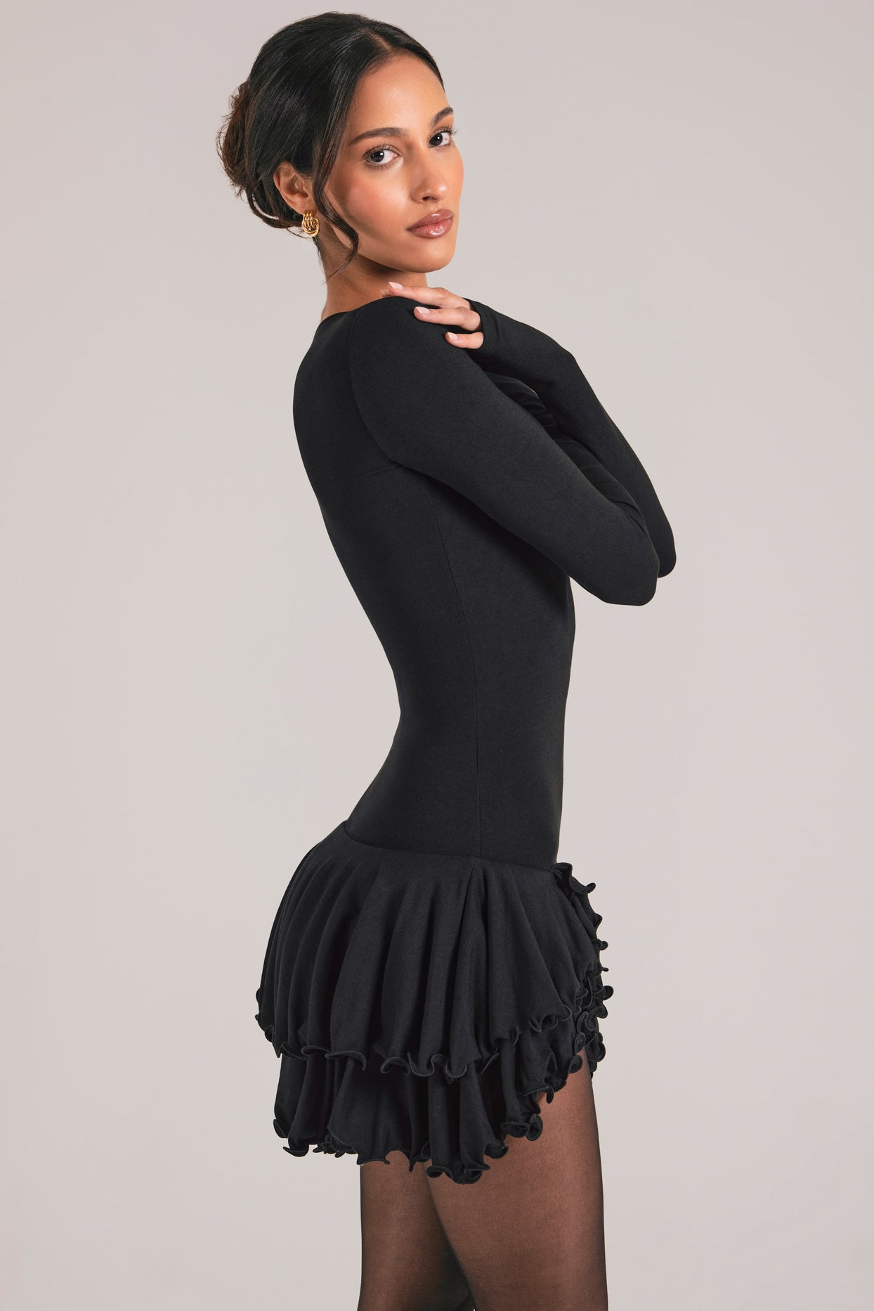 V-Neck Ruffle Skirt Mini Dress in Black - 3