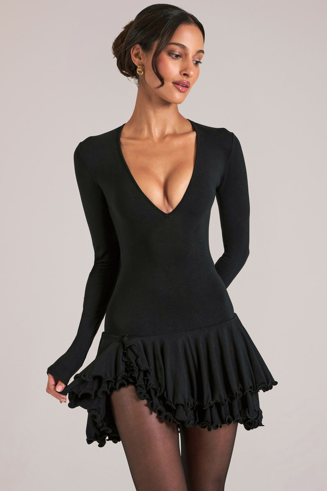 V-Neck Ruffle Skirt Mini Dress in Black - 9