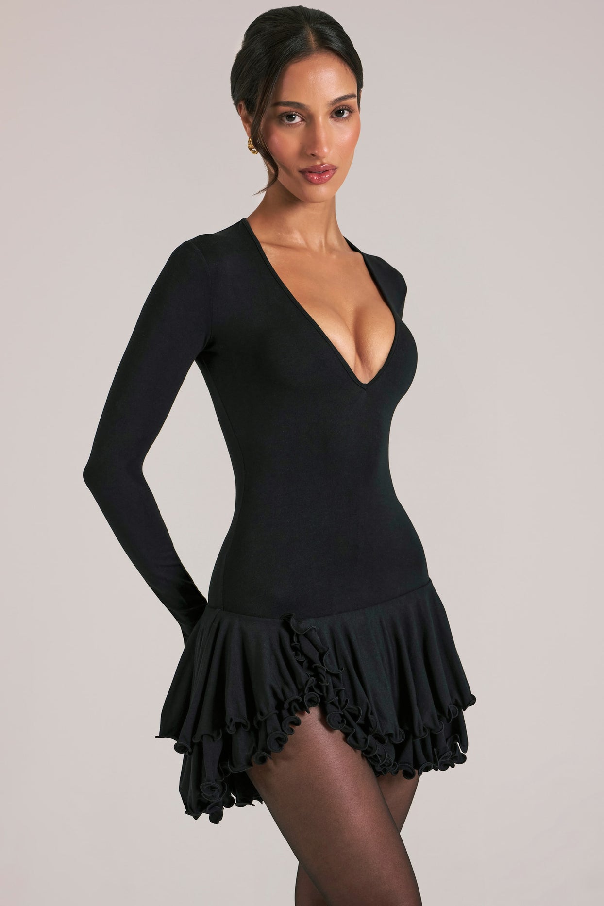 V-Neck Ruffle Skirt Mini Dress in Black - 10