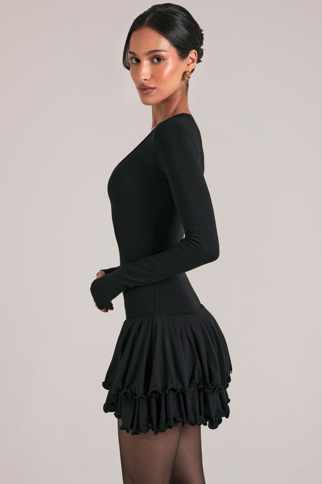V-Neck Ruffle Skirt Mini Dress in Black - 7