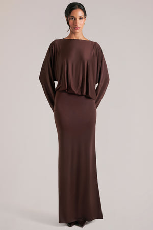 Oh Polly model Yasmin wearing the Lani Maxi Dress in Chocolate Brown Soft Jersey fabric perfect for date night