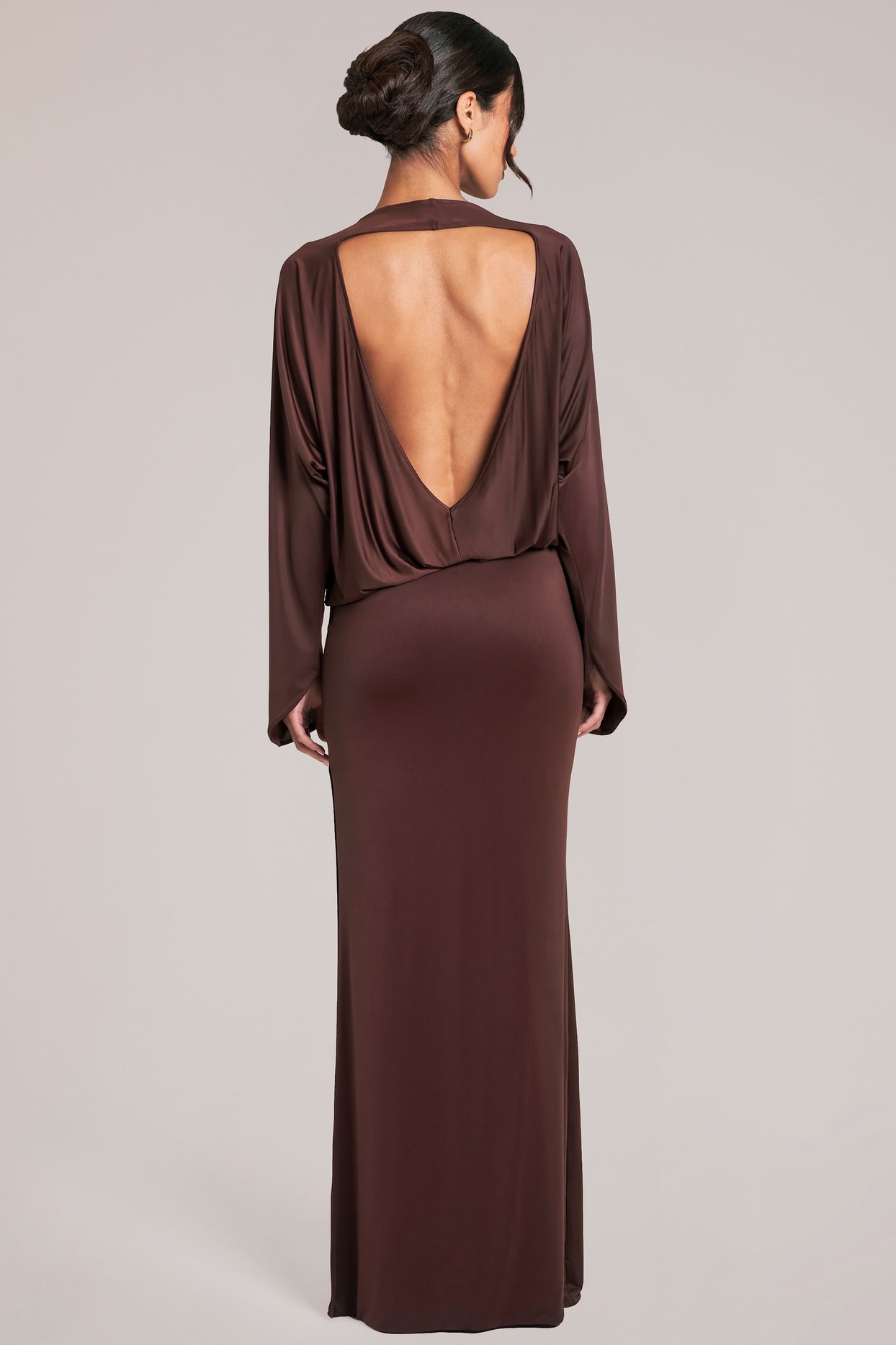 Long-Sleeve Draped Maxi Dress in Chocolate Brown - 4