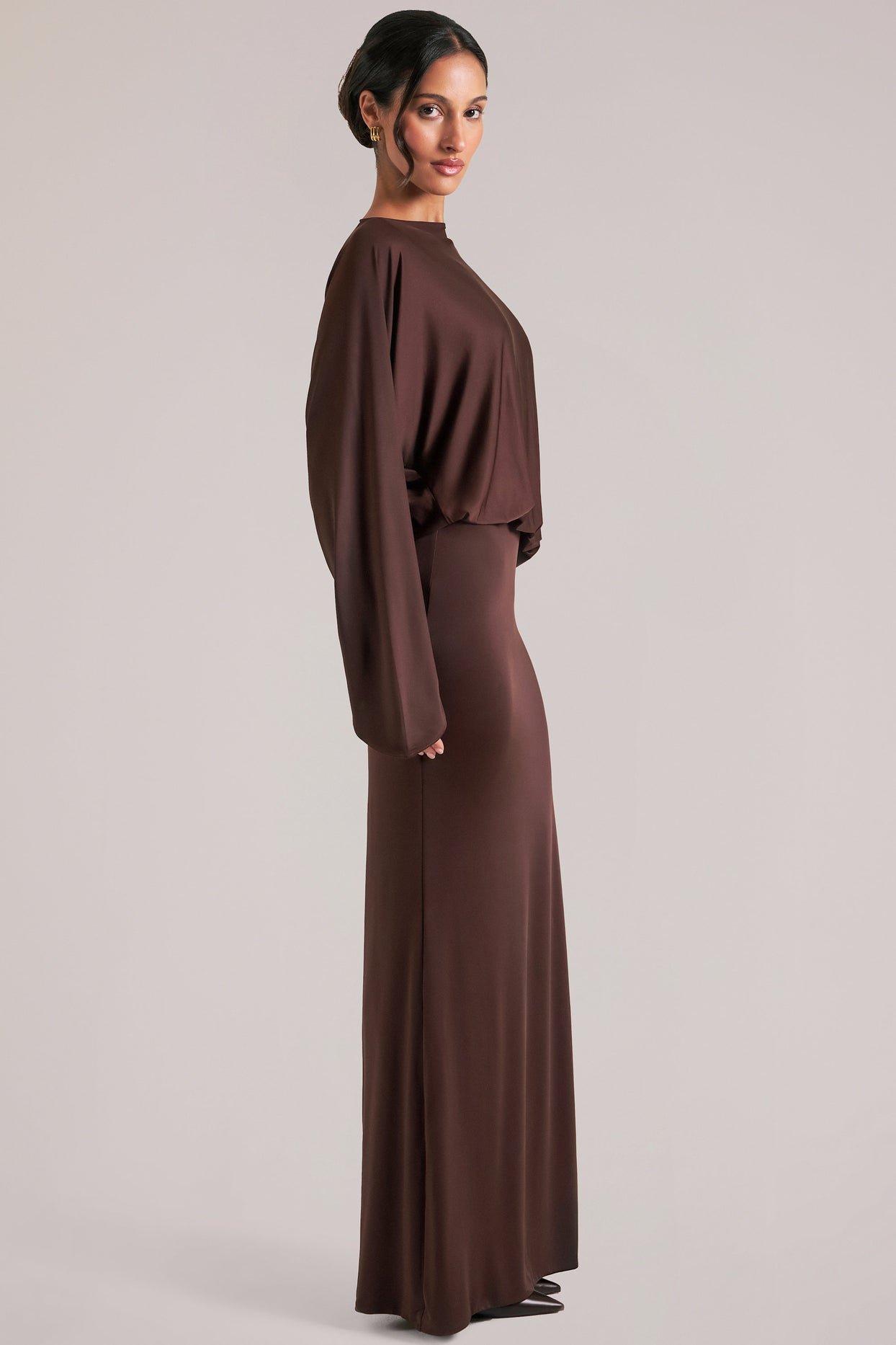 Long-Sleeve Draped Maxi Dress in Chocolate Brown - 3