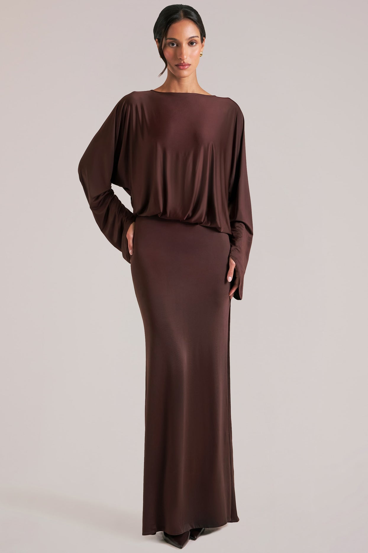 Long-Sleeve Draped Maxi Dress in Chocolate Brown - 5
