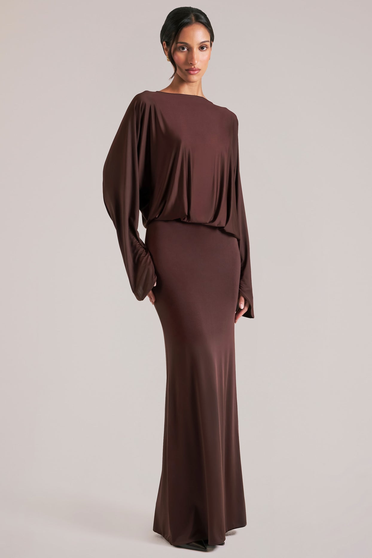 Long-Sleeve Draped Maxi Dress in Chocolate Brown - 6
