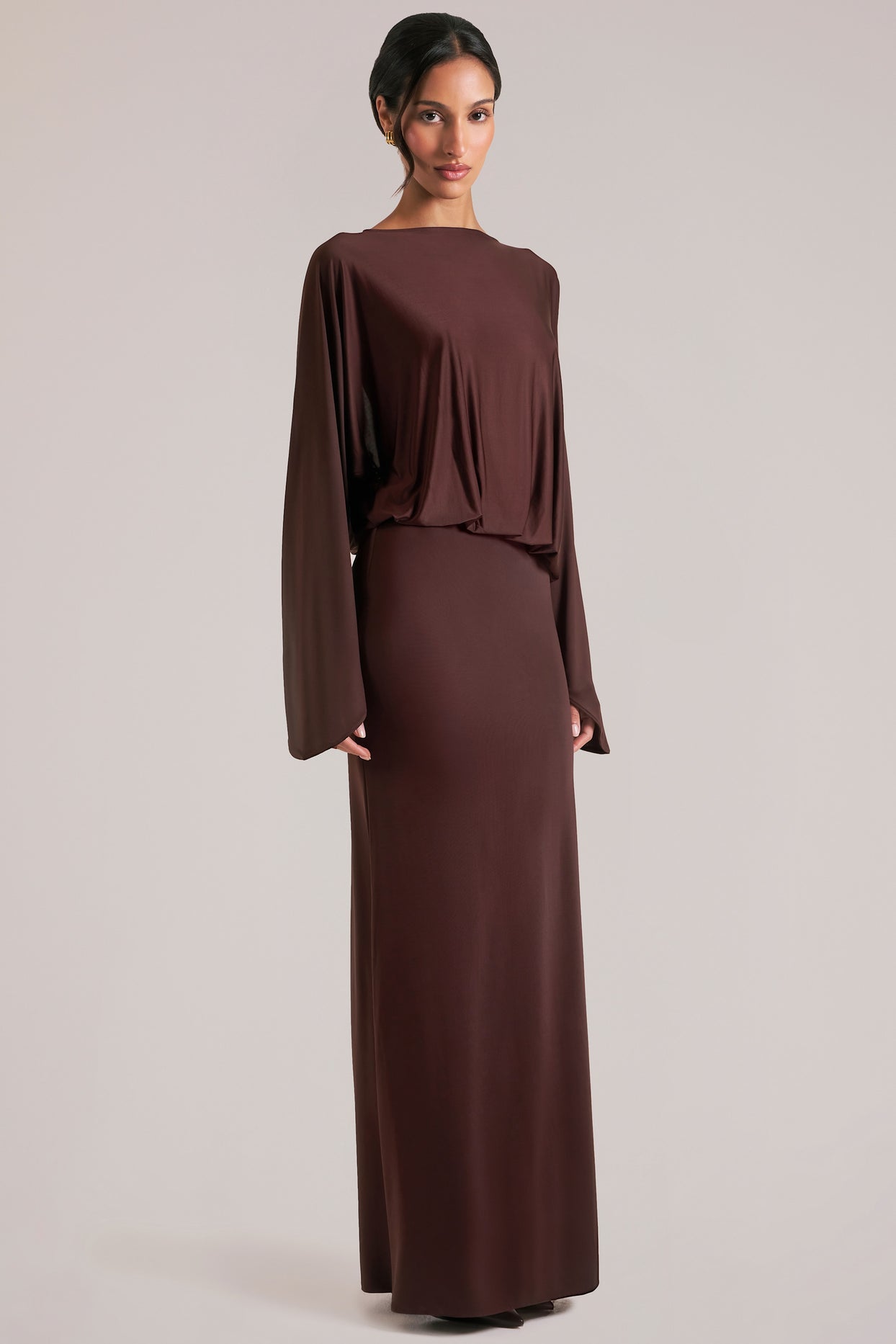 Long-Sleeve Draped Maxi Dress in Chocolate Brown - 7