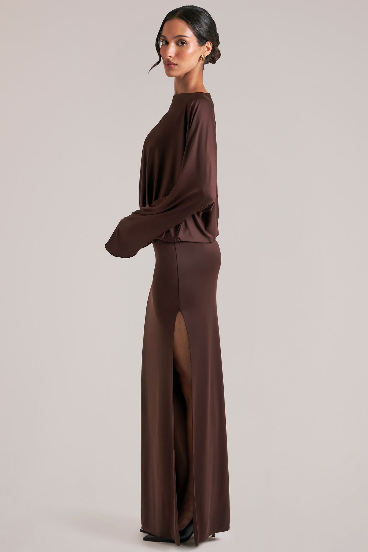 Long-Sleeve Draped Maxi Dress in Chocolate Brown - 8
