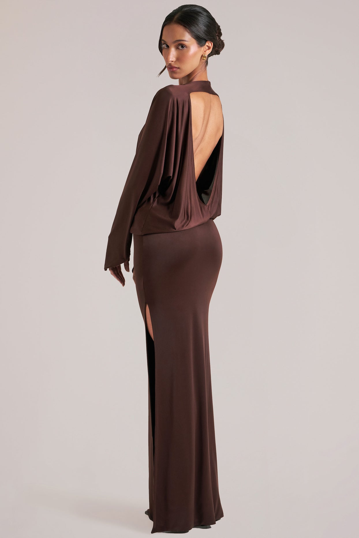 Long-Sleeve Draped Maxi Dress in Chocolate Brown - 9