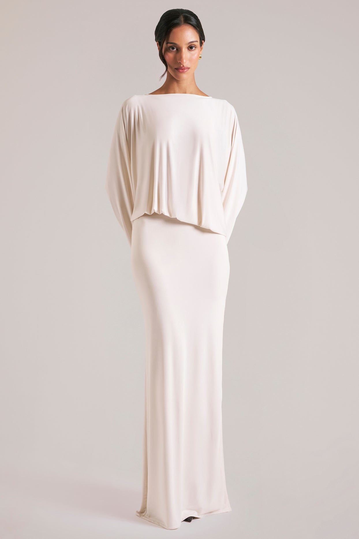 Long-Sleeve Draped Maxi Dress in Vanilla - 2