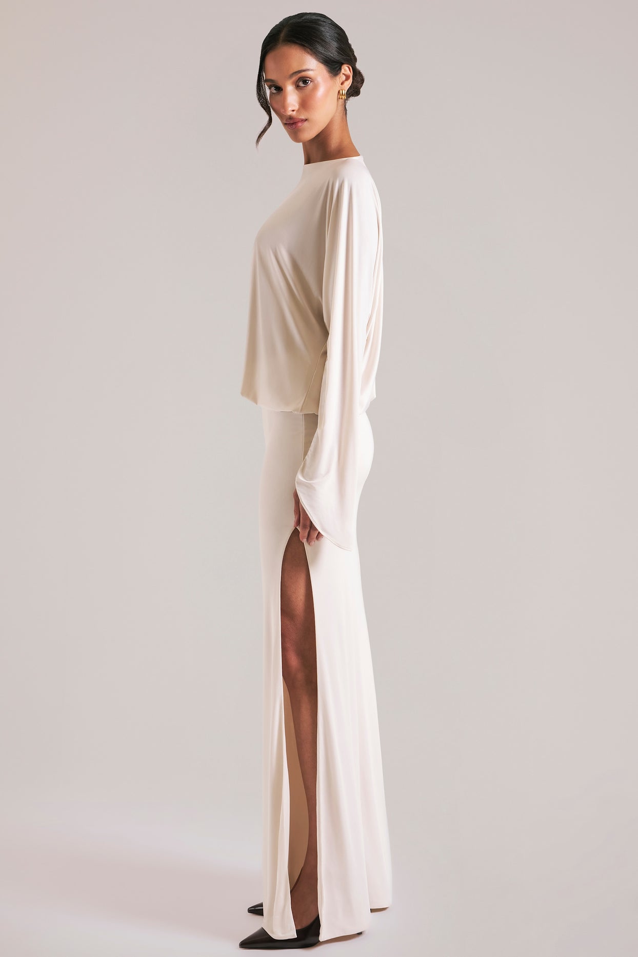 Long-Sleeve Draped Maxi Dress in Vanilla - 3