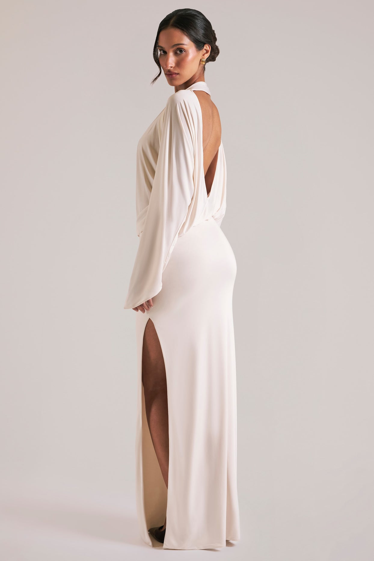 Long-Sleeve Draped Maxi Dress in Vanilla - 7