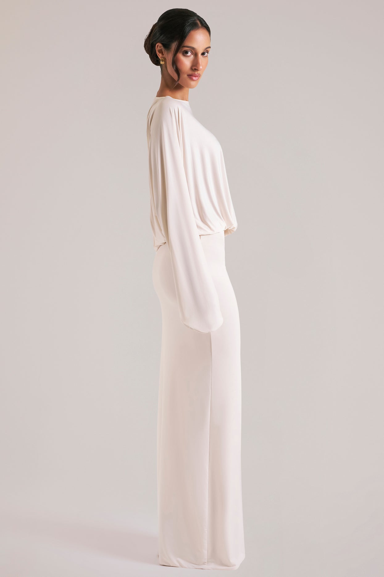 Long-Sleeve Draped Maxi Dress in Vanilla - 4