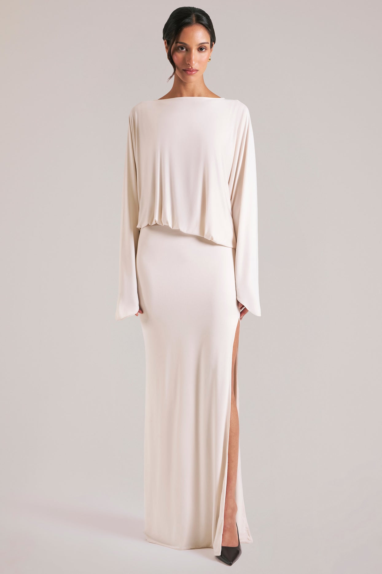 Long-Sleeve Draped Maxi Dress in Vanilla - 6