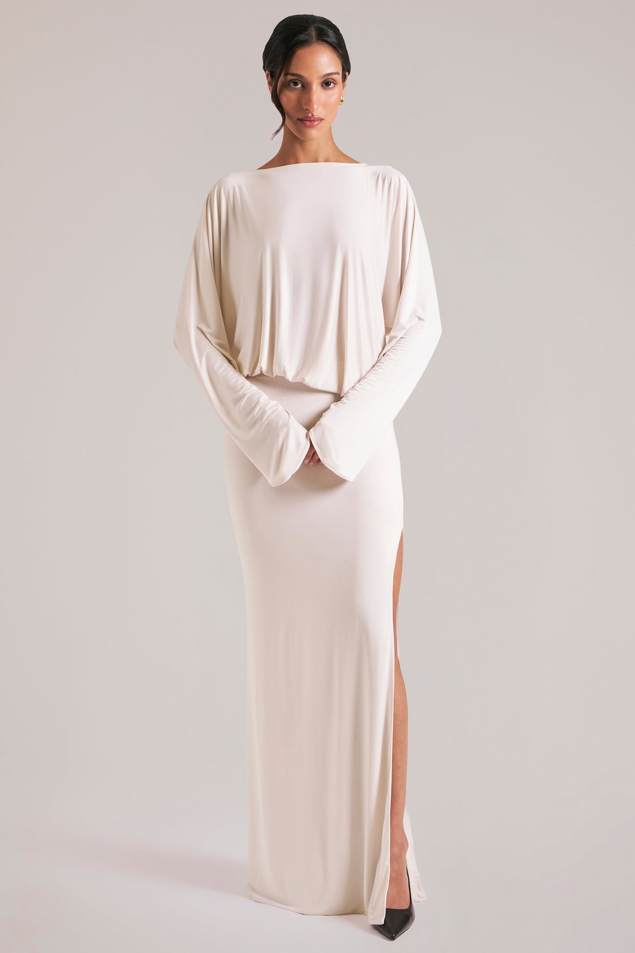 Long-Sleeve Draped Maxi Dress in Vanilla - 8