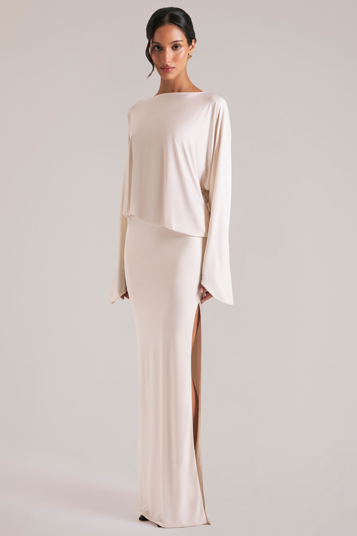 Long-Sleeve Draped Maxi Dress in Vanilla - 9