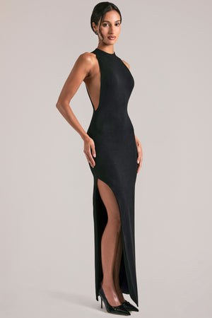 Oh Polly model Yasmin wearing the Mayda Maxi Dress in Black Soft Jersey fabric perfect for cocktail parties